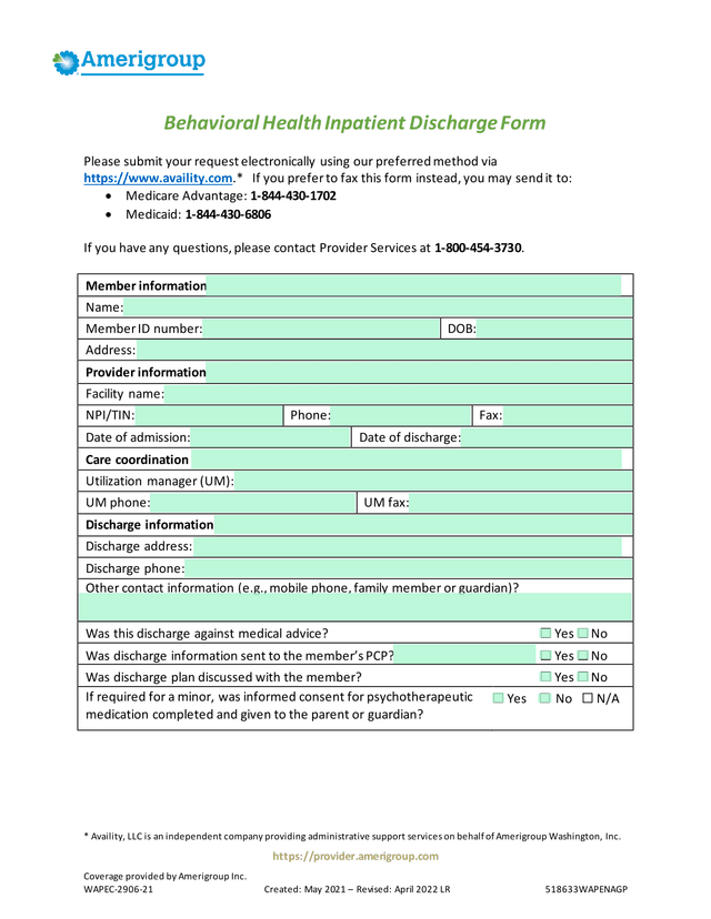 Behavioral Health Inpatient Discharge Form screenshot