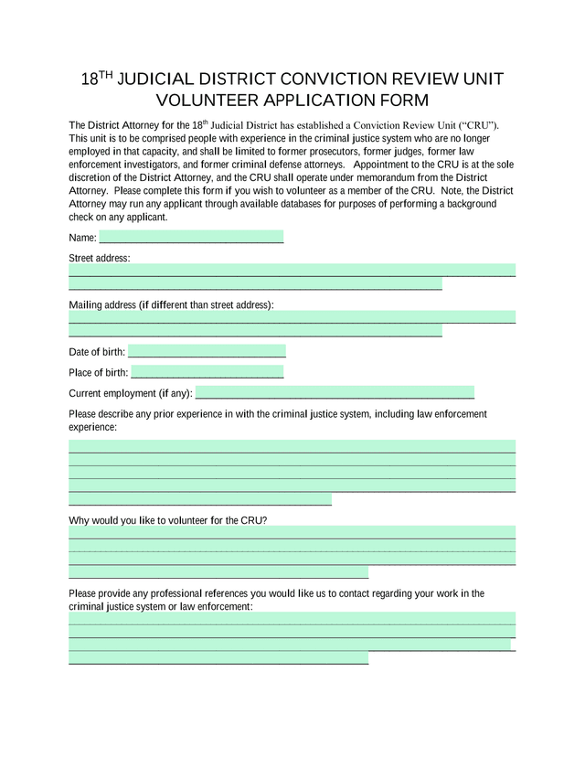 18th Judicial District Conviction Review Unit Volunteer Application Form screenshot
