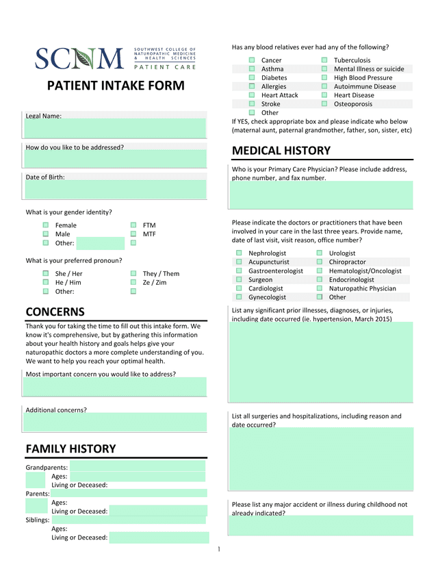 PATIENT INTAKE FORM screenshot