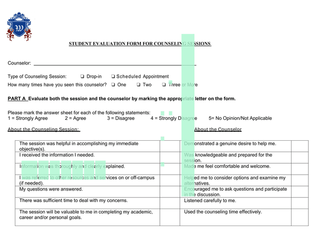 STUDENT EVALUATION FORM FOR COUNSELING SESSIONS screenshot