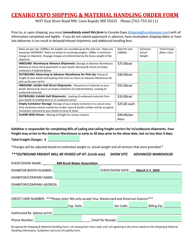 CENAIKO EXPO SHIPPING  MATERIAL HANDLING ORDER FORM screenshot