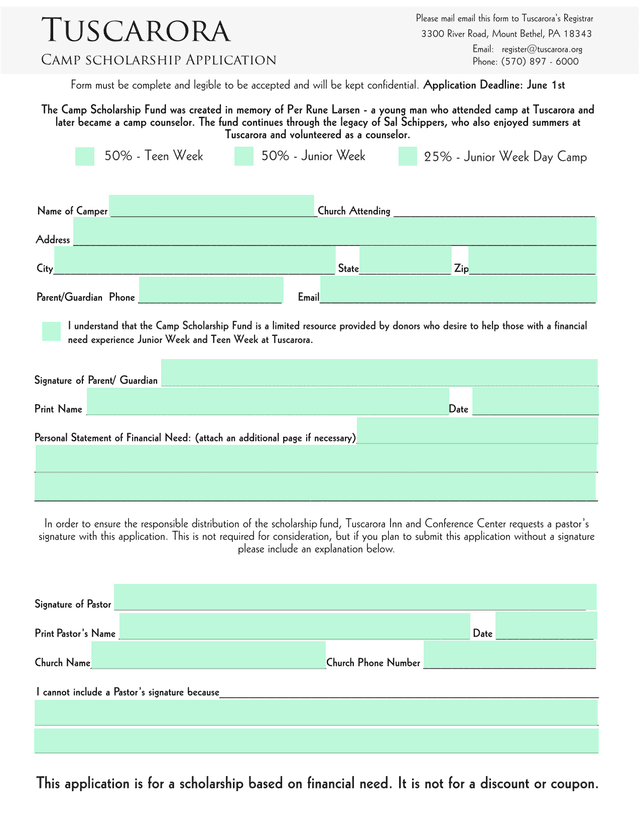 Tuscarora Camp Scholarship Application screenshot