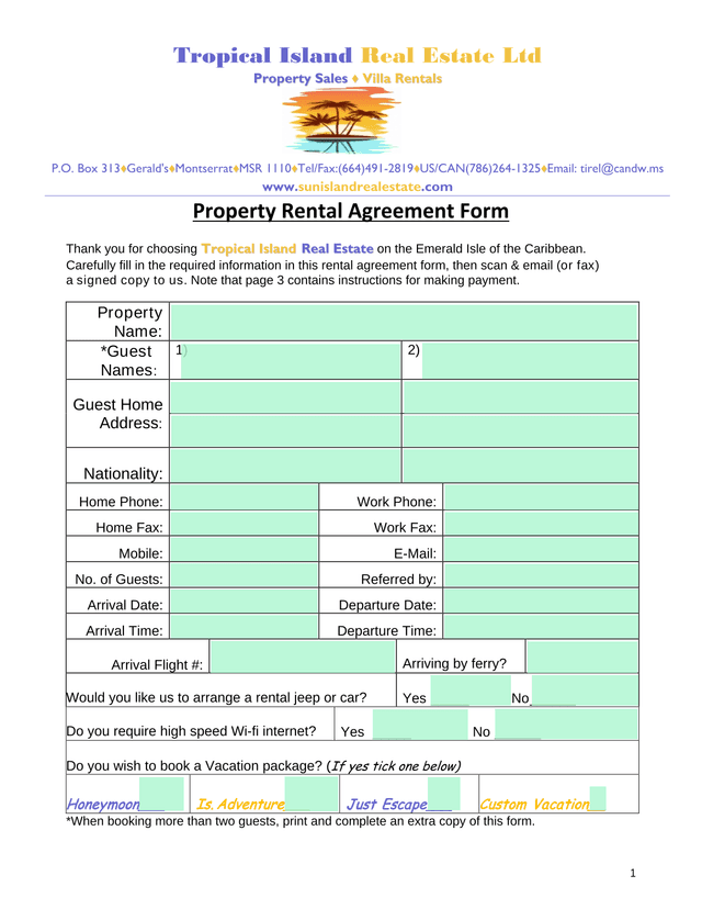 Property Rental Agreement Form screenshot
