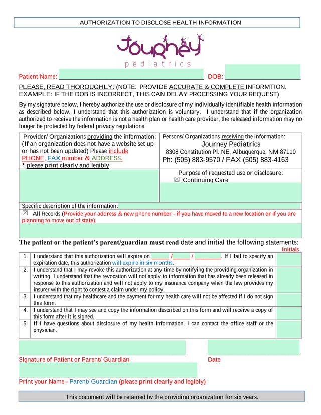 Authorization To Disclose Health Information screenshot