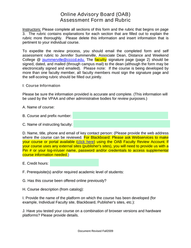 Online Advisory Board (OAB) Assessment Form And Rubric screenshot