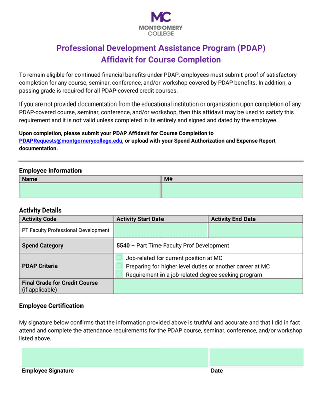 Professional Development Assistance Program (PDAP) Affidavit For Course Completion screenshot