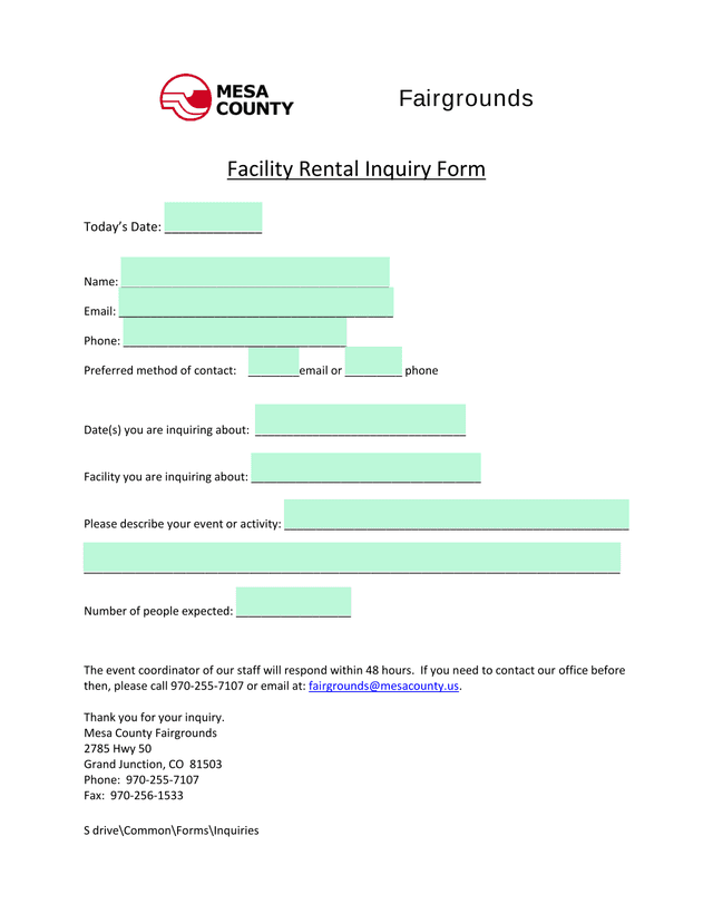 Facility Rental Inquiry Form screenshot