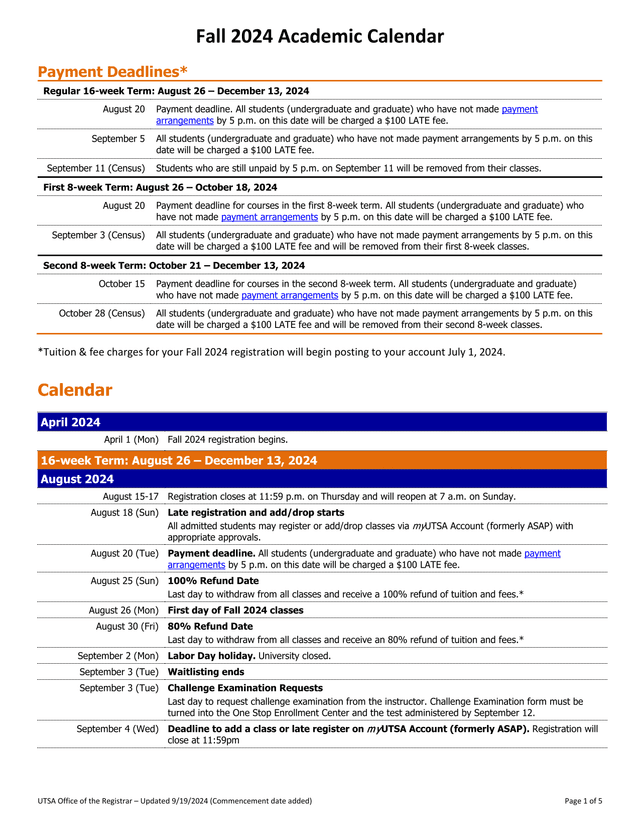 Fall 2024 Academic Calendar screenshot