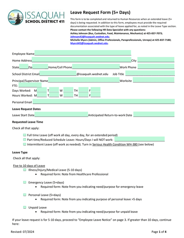 Leave Request Form (5 Days) screenshot