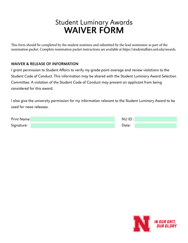 Student Luminary Awards Waiver Form screenshot