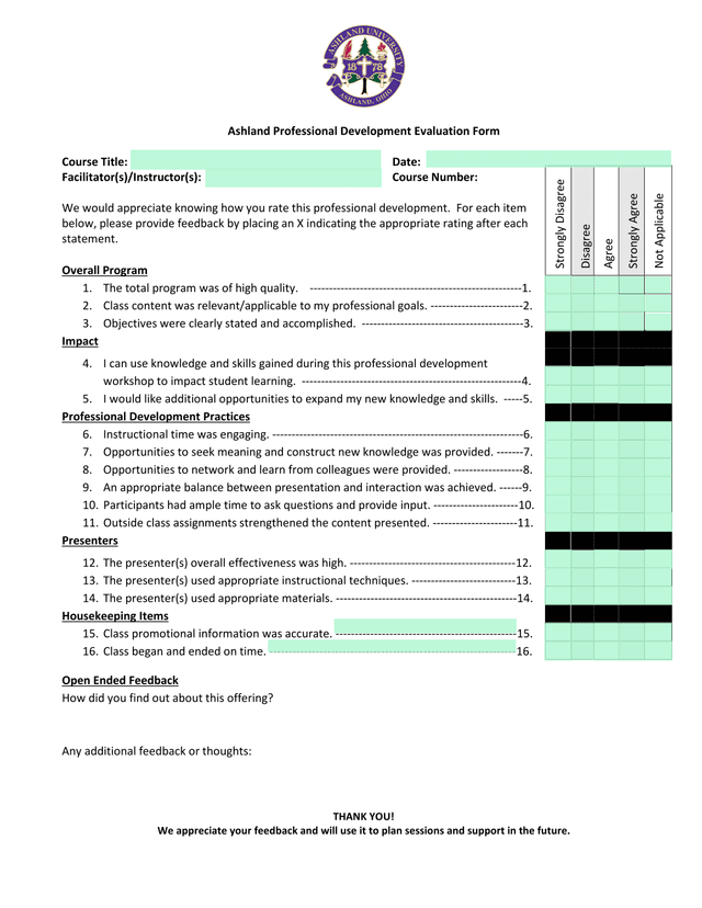 Ashland Professional Development Evaluation Form screenshot