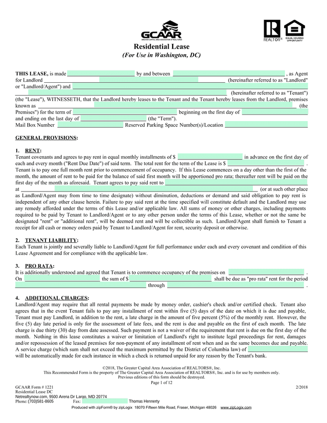Residential Lease (For Use In Washington, DC) screenshot