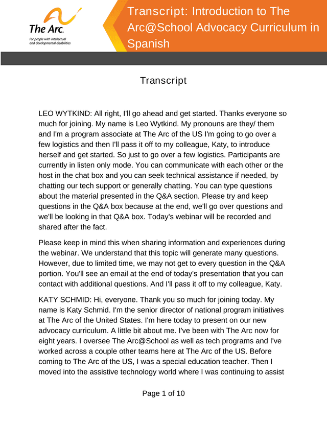Transcript Introduction To The ArcSchool Advocacy Curriculum In Spanish screenshot