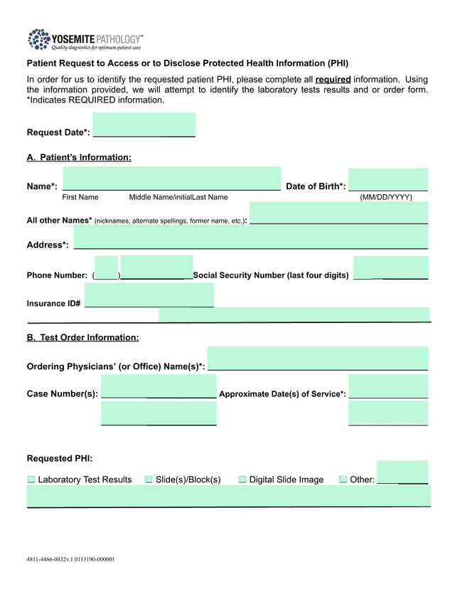 Patient Request To Access Or To Disclose Protected Health Information (PHI) screenshot