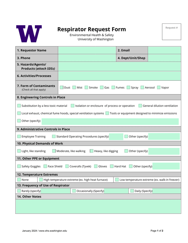 Respirator Request Form screenshot