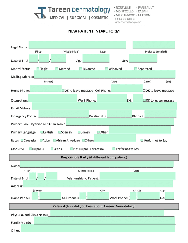 NEW PATIENT INTAKE FORM screenshot