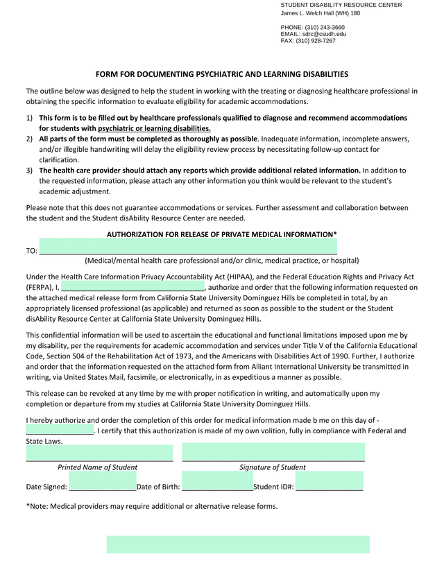 Form For Documenting Psychiatric And Learning Disabilities screenshot