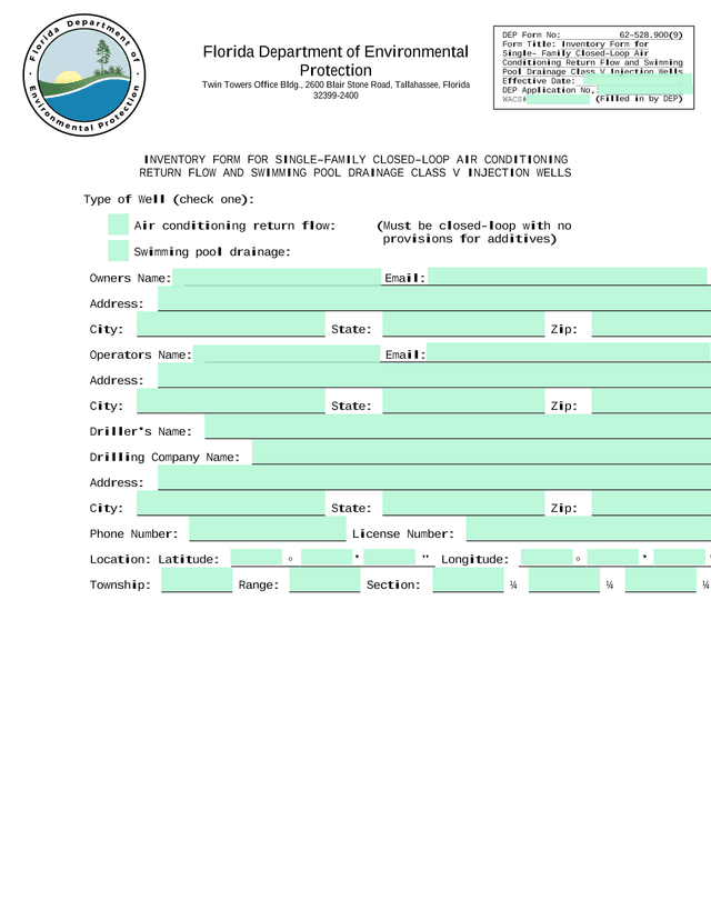 Inventory Form For Single Family Closed Loop Air Conditioning Return Flow And Swimming Pool Drainage screenshot