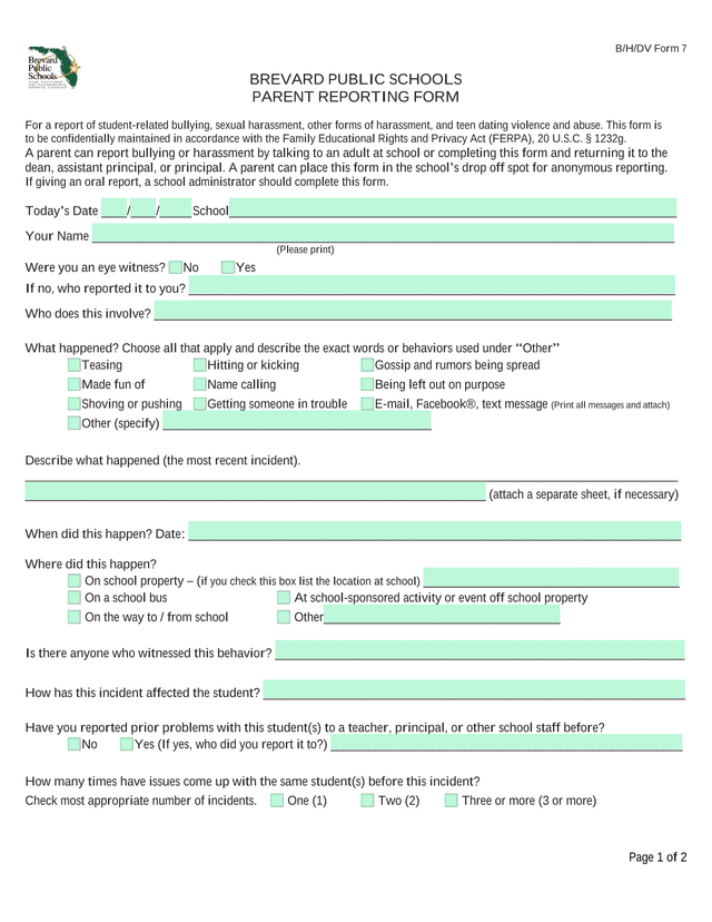 BHDV Form 7   Parent Reporting Form screenshot