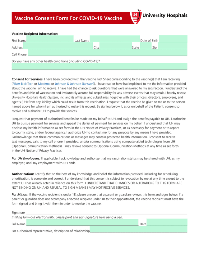 Vaccine Recipient Information And Consent Form screenshot