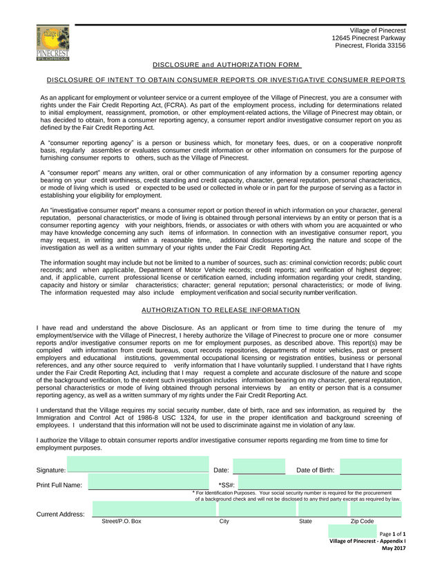 Disclosure And Authorization Form screenshot