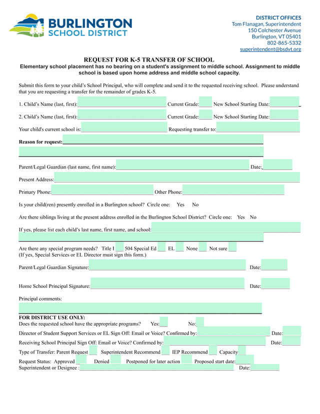 REQUEST FOR K 5 TRANSFER OF SCHOOL screenshot