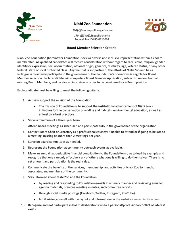 Board Member Selection Criteria screenshot