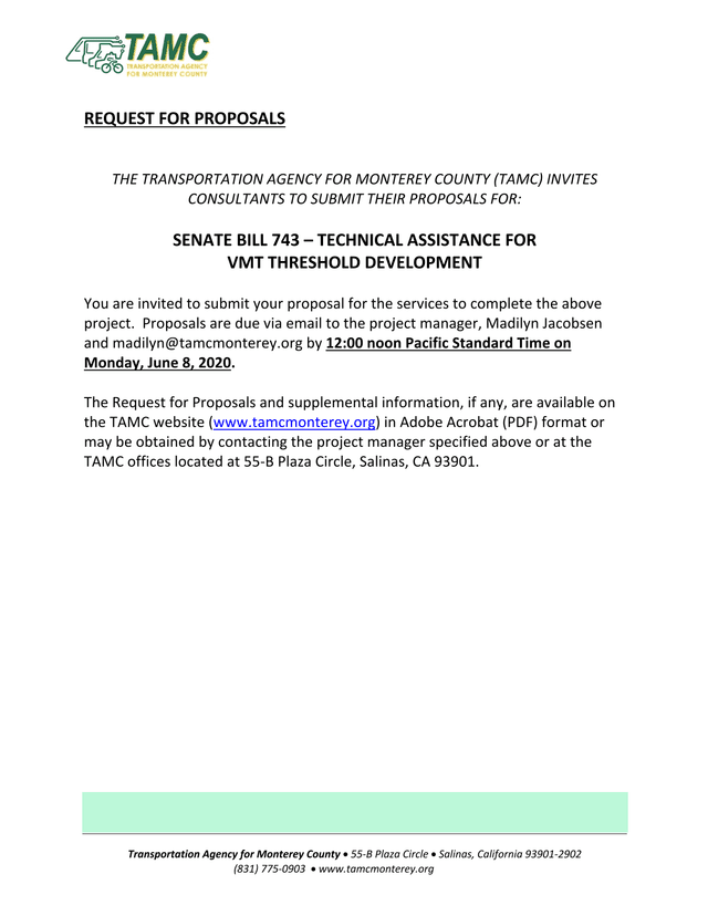 Request For Proposals Senate Bill 743  Technical Assistance For VMT Threshold Development screenshot