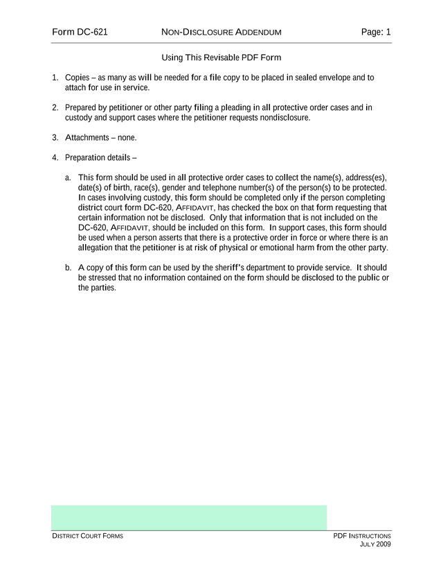 Form DC 621 Non Disclosure Addendum screenshot