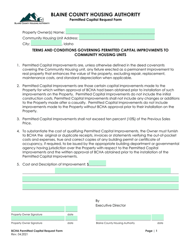 BCHA Permitted Capital Request Form screenshot