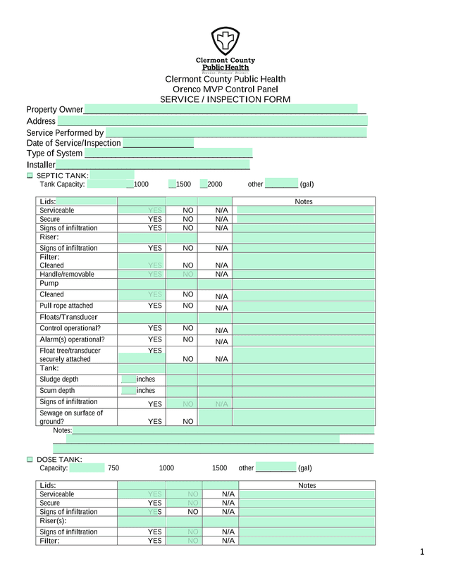 Orenco MVP Control Panel Service  Inspection Form screenshot