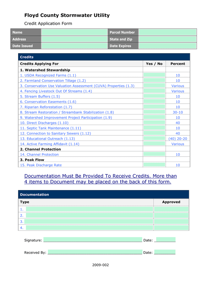 Floyd County Stormwater Utility Credit Application Form screenshot