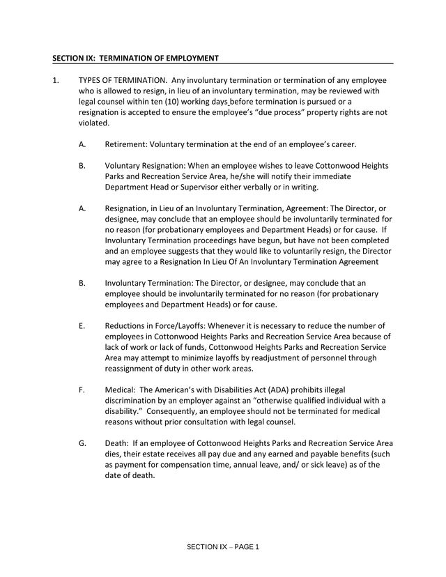 SECTION IX TERMINATION OF EMPLOYMENT screenshot