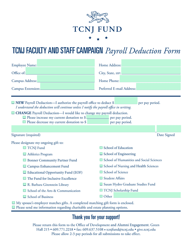 TCNJ FACULTY AND STAFF CAMPAIGN Payroll Deduction Form screenshot