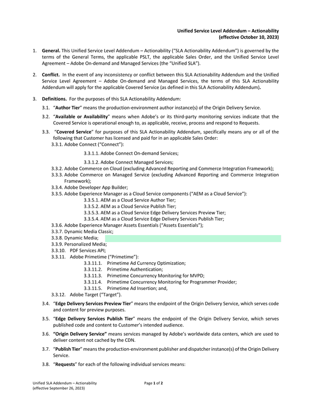 Unified SLA Addendum  Actionability screenshot