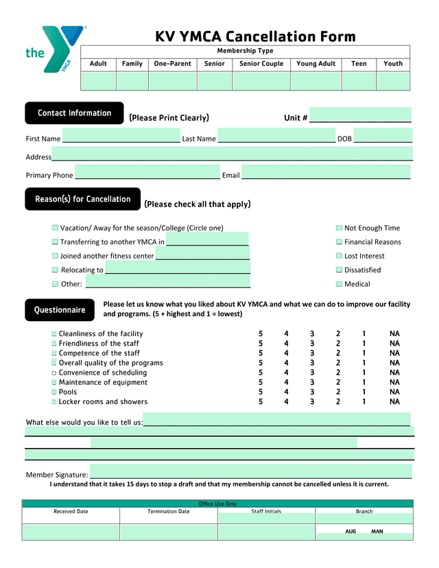 KV YMCA Cancellation Form screenshot