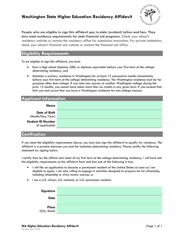 Washington State Higher Education Residency Affidavit screenshot