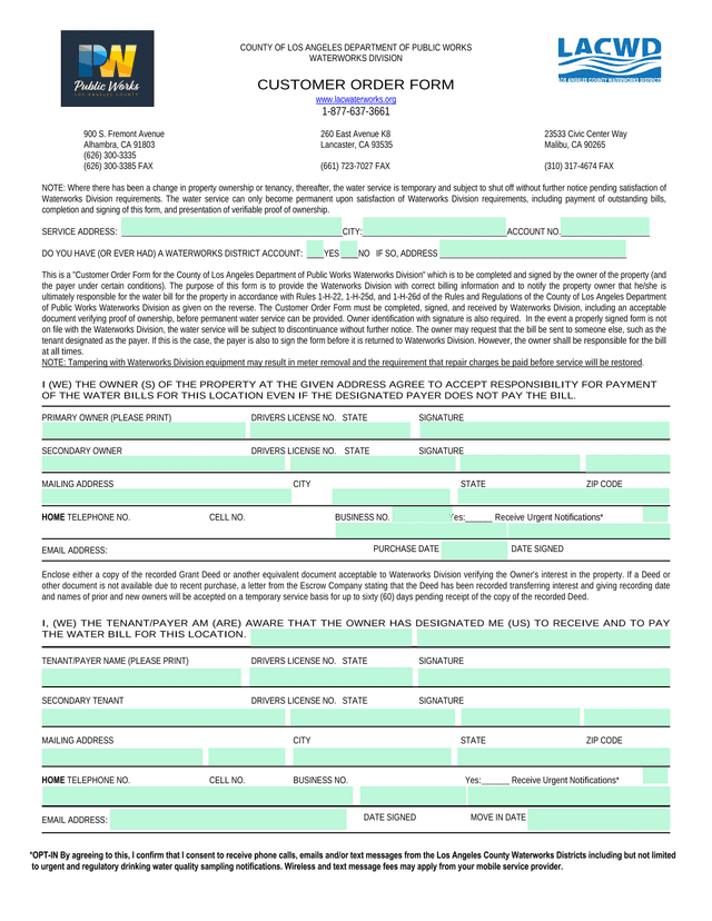 Customer Order Form For County Of Los Angeles Department Of Public Works Waterworks Division screenshot