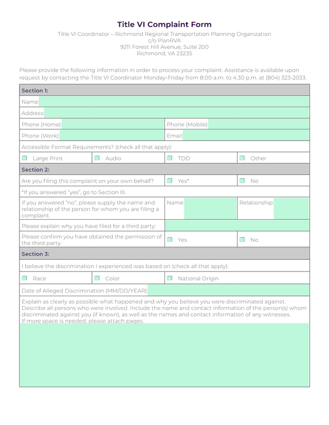 Title VI Complaint Form screenshot