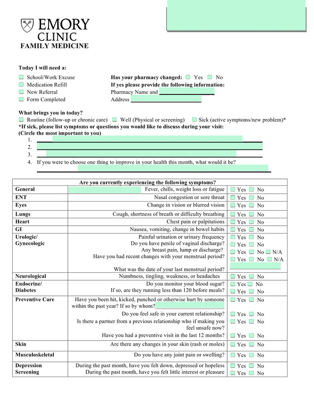 Family Medicine Patient Intake Form screenshot