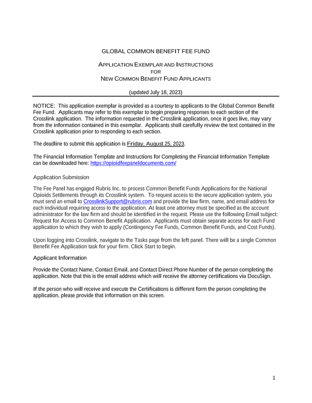 GLOBAL COMMON BENEFIT FEE FUND APPLICATION EXEMPLAR AND INSTRUCTIONS screenshot
