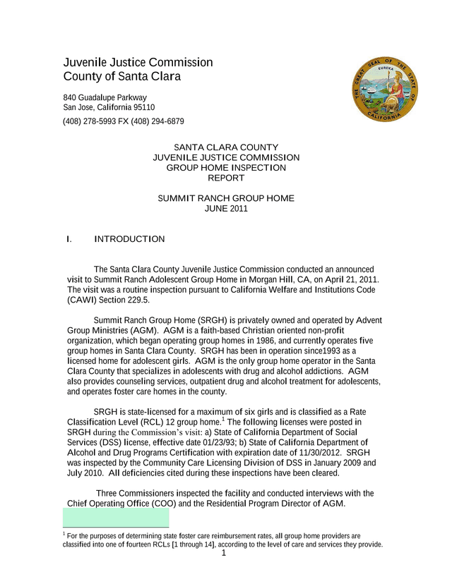 Santa Clara County Juvenile Justice Commission Group Home Inspection Report screenshot