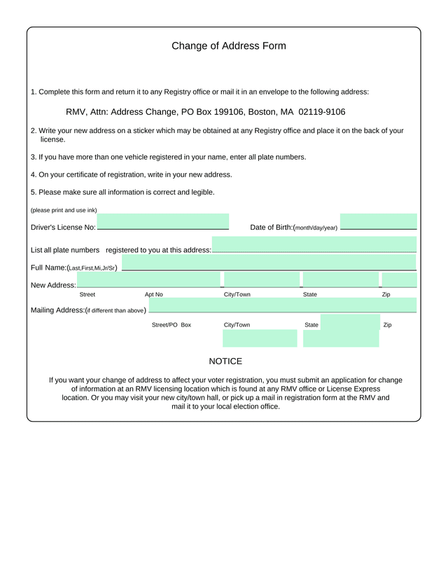 Change Of Address Form screenshot