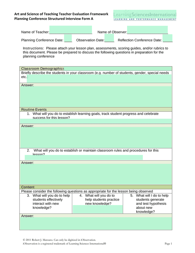 Art And Science Of Teaching Teacher Evaluation Framework Planning Conference Structured Interview Fo screenshot