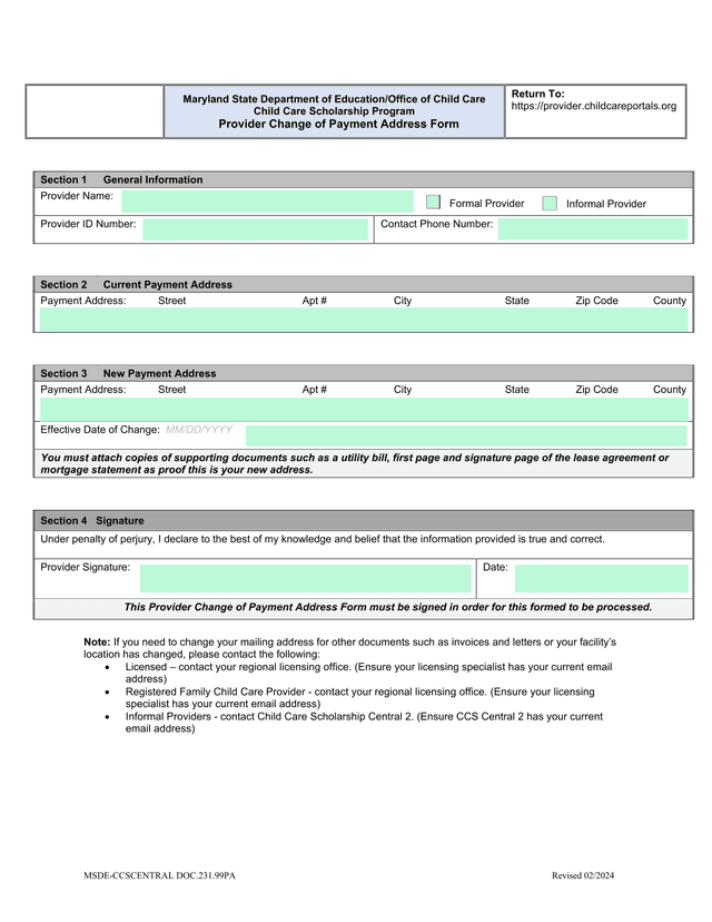 Provider Change Of Payment Address Form screenshot