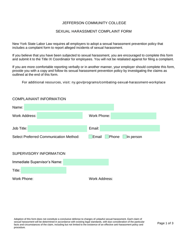 Sexual Harassment Complaint Form screenshot