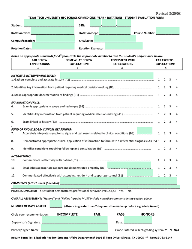 Texas Tech University HSC School Of Medicine   Year 4 Rotations Student Evaluation Form screenshot