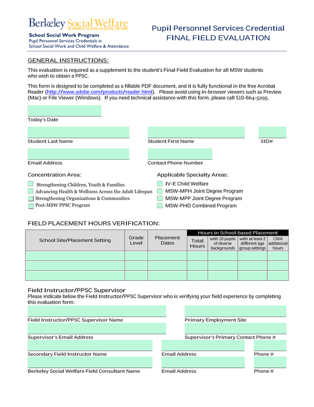 Pupil Personnel Services Credential Final Field Evaluation screenshot