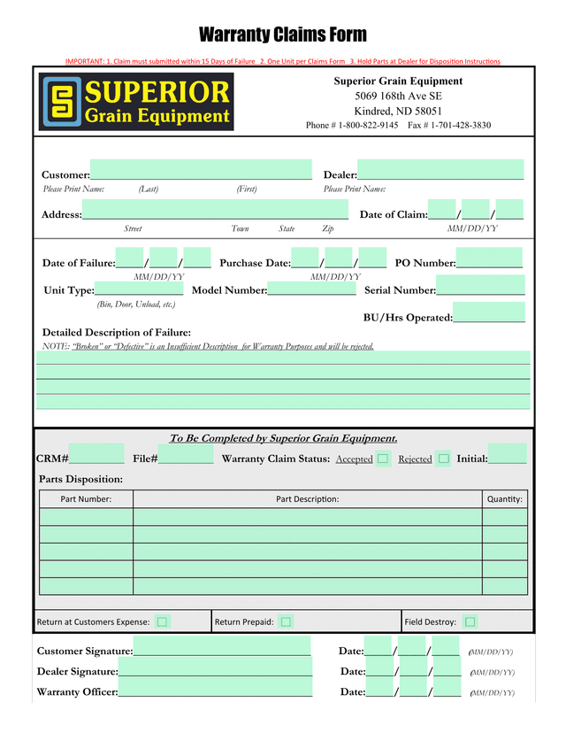 Warranty Claims Form screenshot