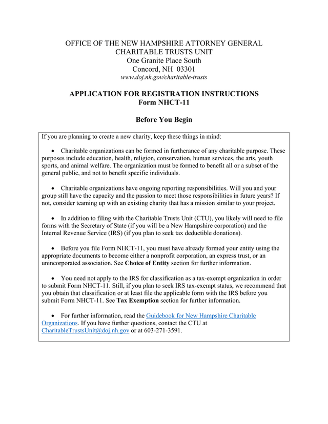 Form NHCT 11 Application For Registration Instructions screenshot